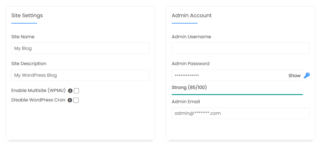 Complete site settings and admin account on WordPress cPanel