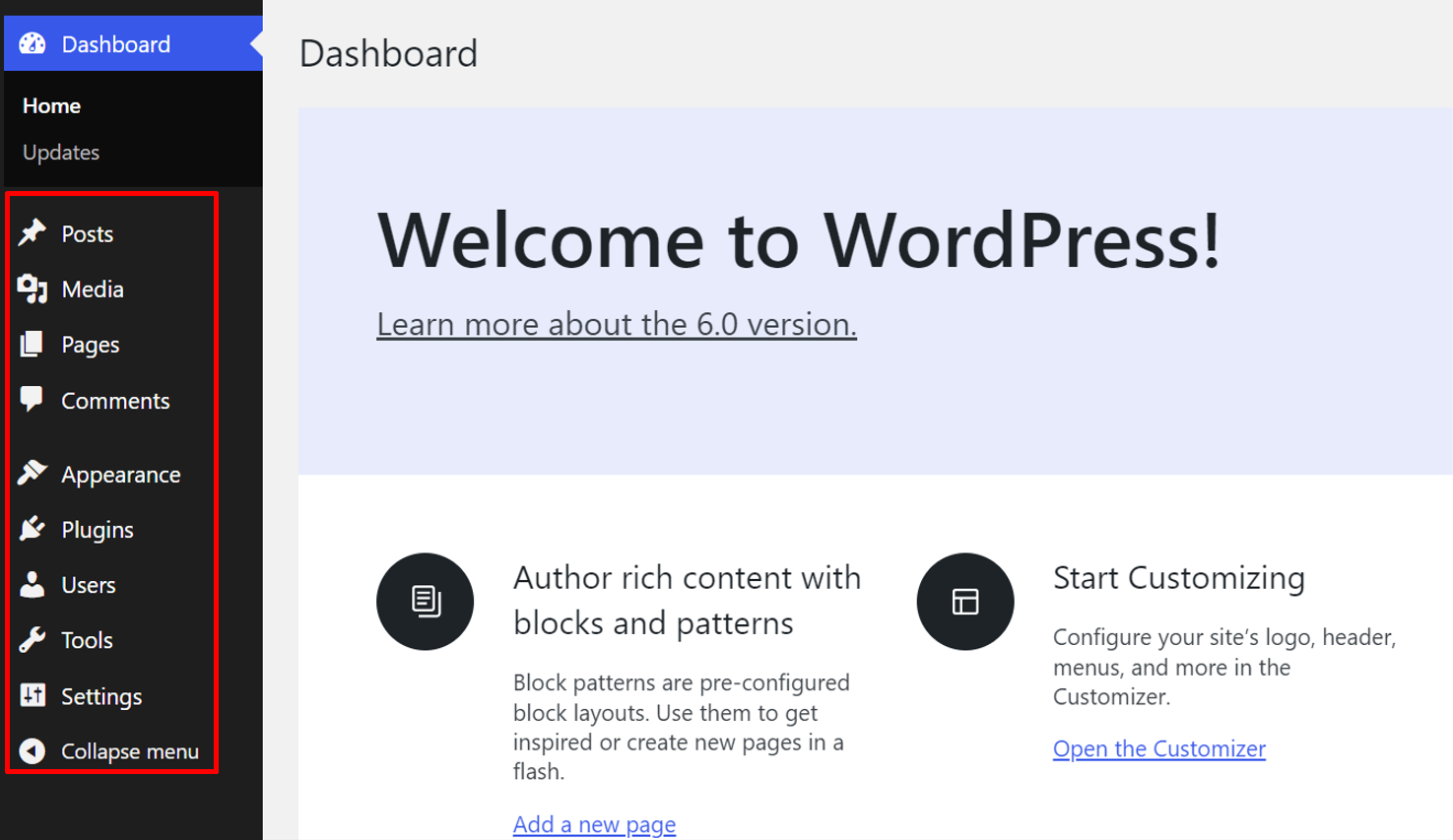 WordPress admin panel sidebar overview