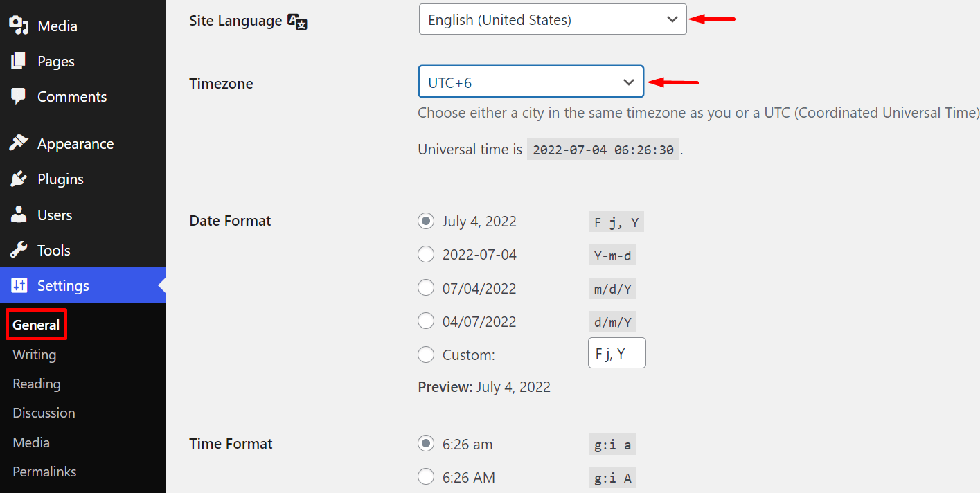 WordPress general settings for timezone and language overview