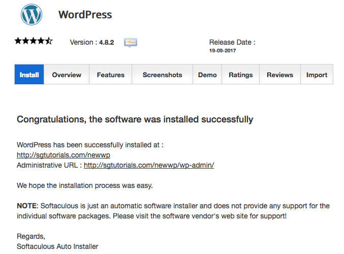 Softaculous Message after installing WordPress on cPanel