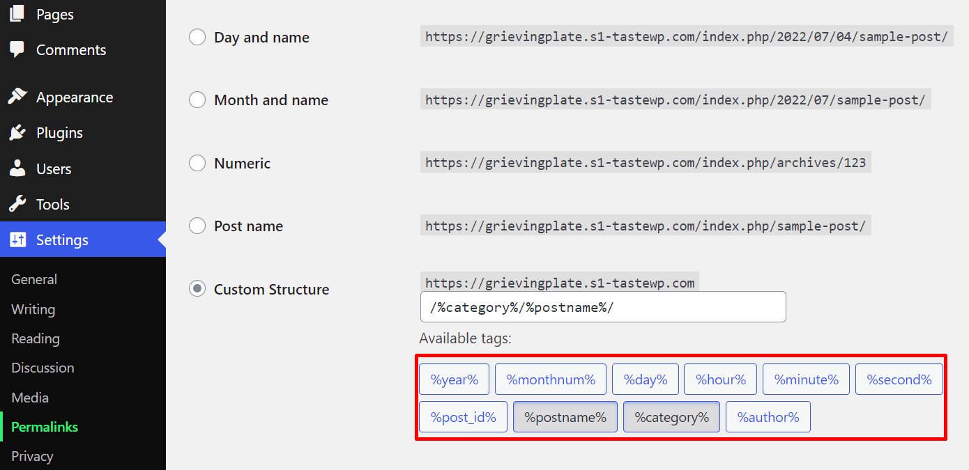 WordPress Permalink structure overview 