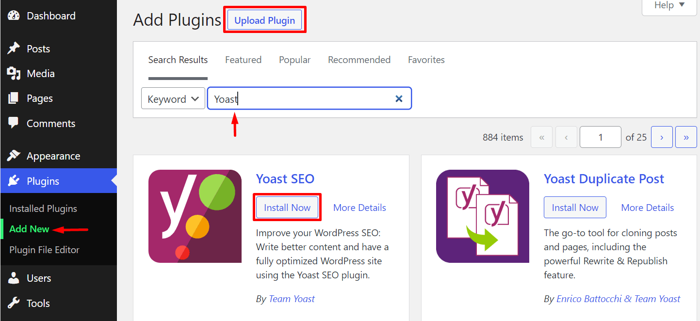 how to install Yoast SEO plugin from dashboard