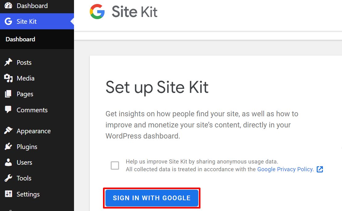 Google Site Kit plugin set up option overview