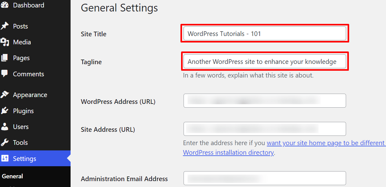 WordPress general settings overview