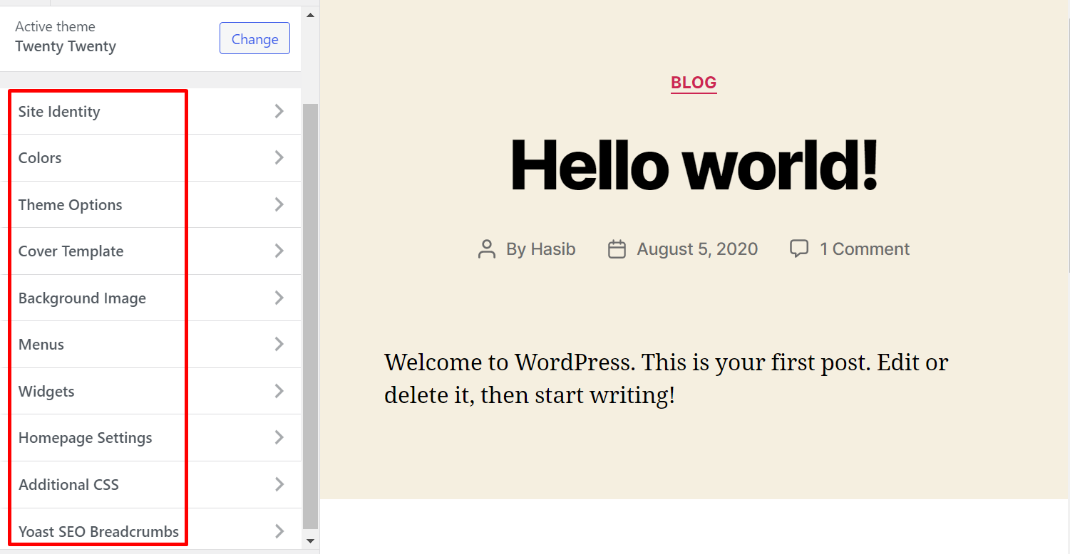 WordPress theme customization options from dashboard