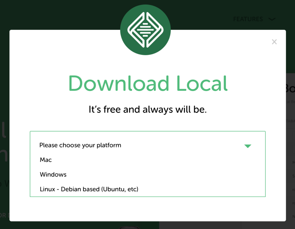 a screenshot of localwp.com where you can choose your device type to download local software