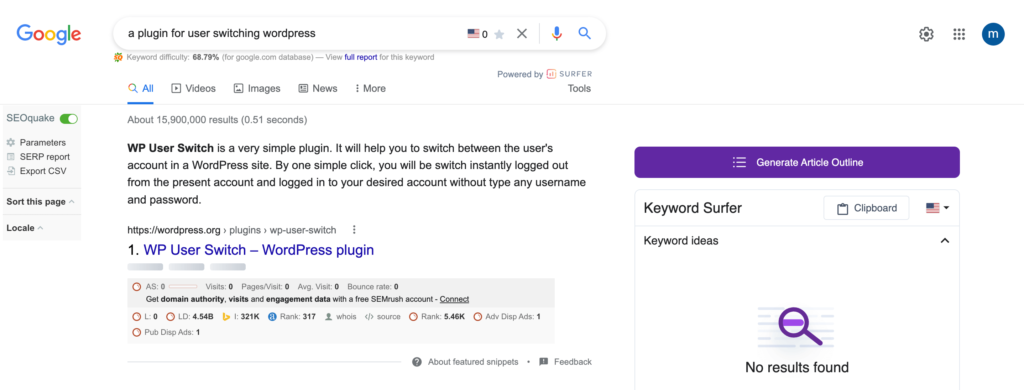 A screenshot showing a user searching for a plugin on google for a user switching plugin