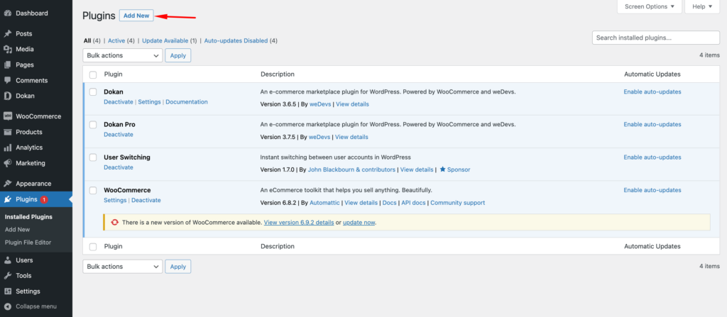 A screenshot of how to install a new plugin by clicking the add new button in the WordPress dashboard