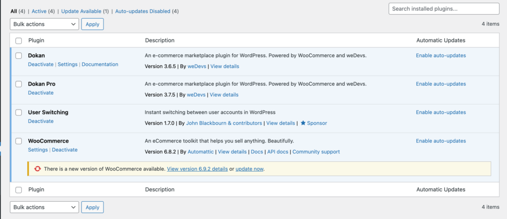 A screenshot of the installed plugins in the WordPress dashboard