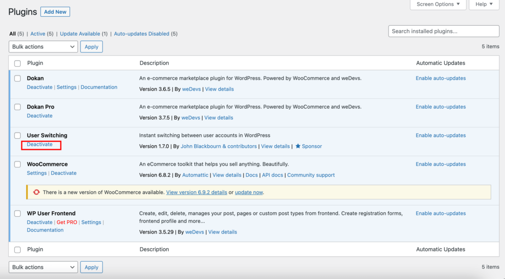 A screenshot of how to deactivate plugins by clicking the deactivate button from the installed plugins section