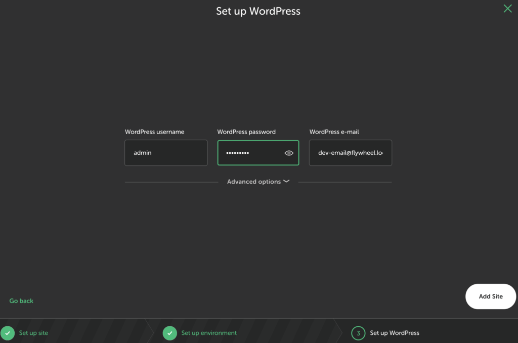 a screenshot of the flywheel user dashboard where you can add username-password and set up WordPress