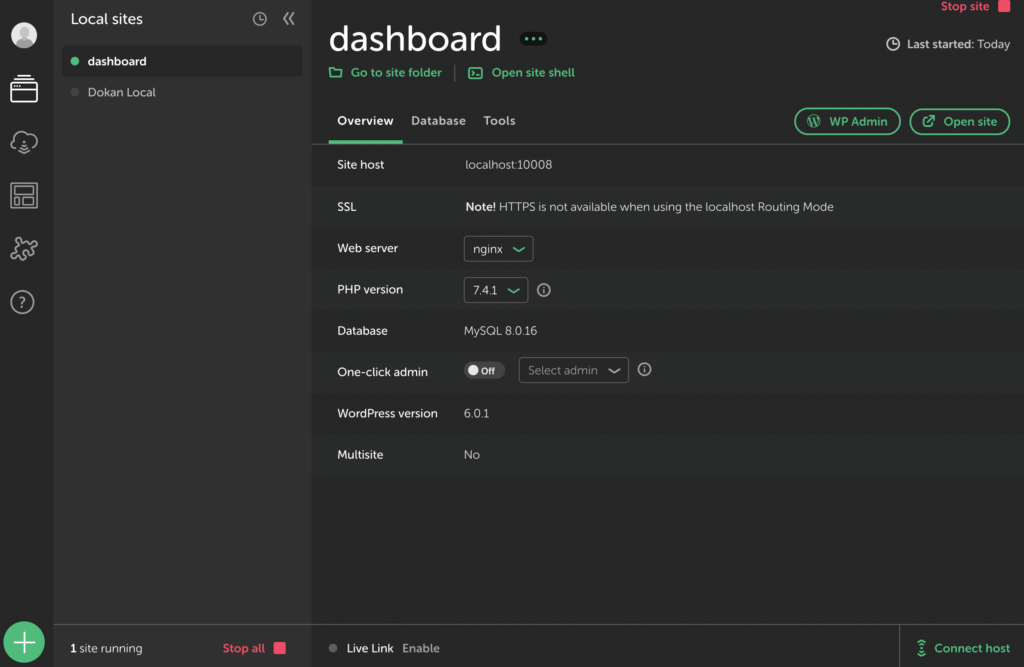 Flywheel local user dashboard overview