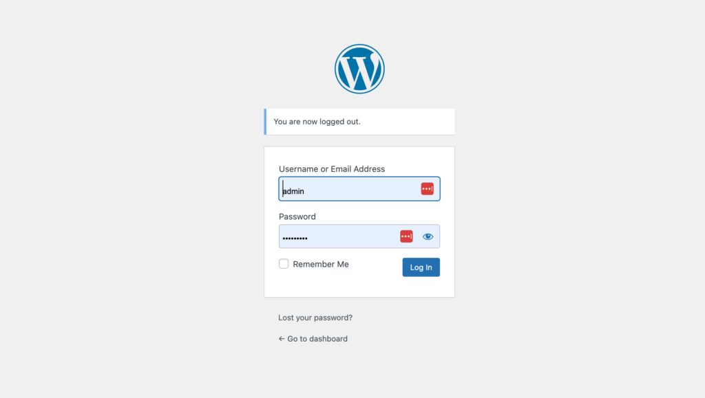 a screenshot on WordPress admin page that let users to log in