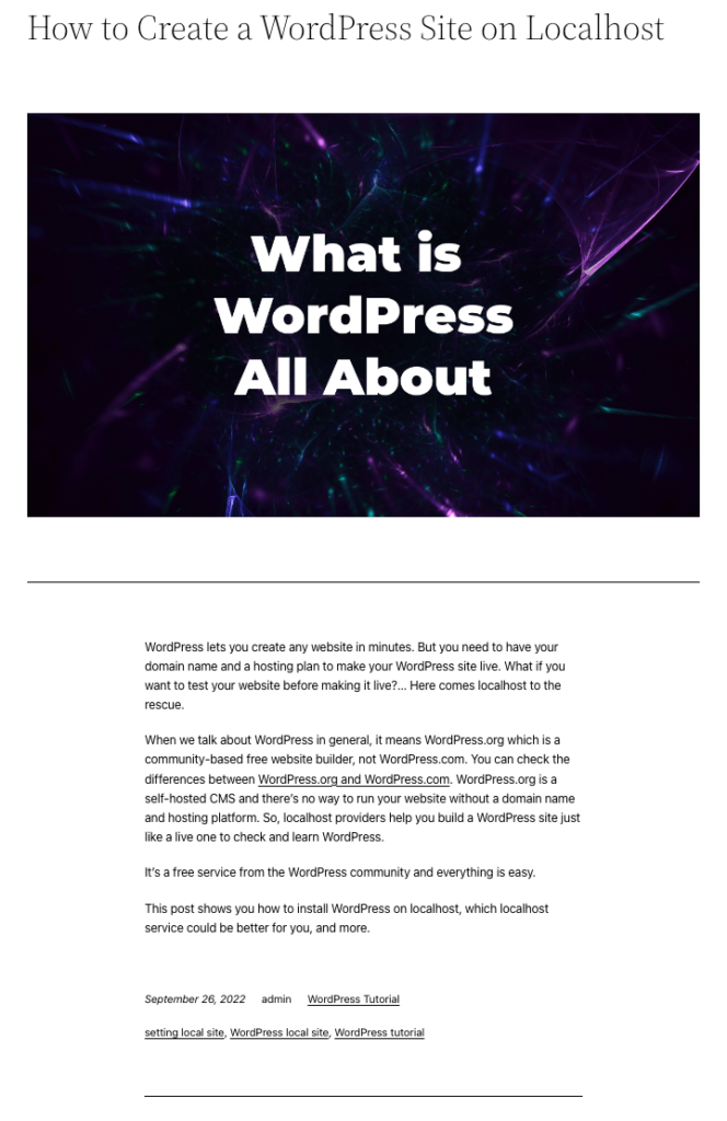 a screenshot on WordPress post after publishing with text, image, tag, etc.