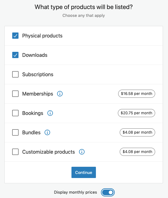 woocommerce setup wizard product types