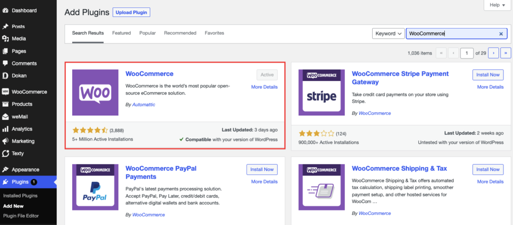 A screenshot of installing WooCommerce  from WordPress dashboard