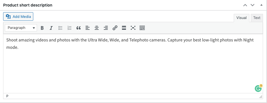 A screenshot of adding product short description