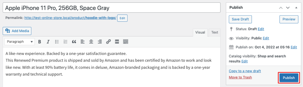 A screenshot of publishing your WooCommerce product on your online store