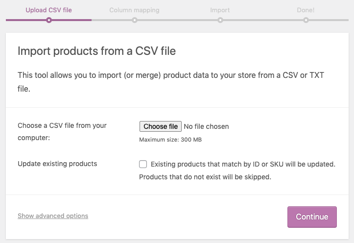 A screenshot of woocommerce products import