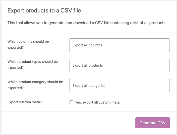 A screenshot on export woocommerce products in csv