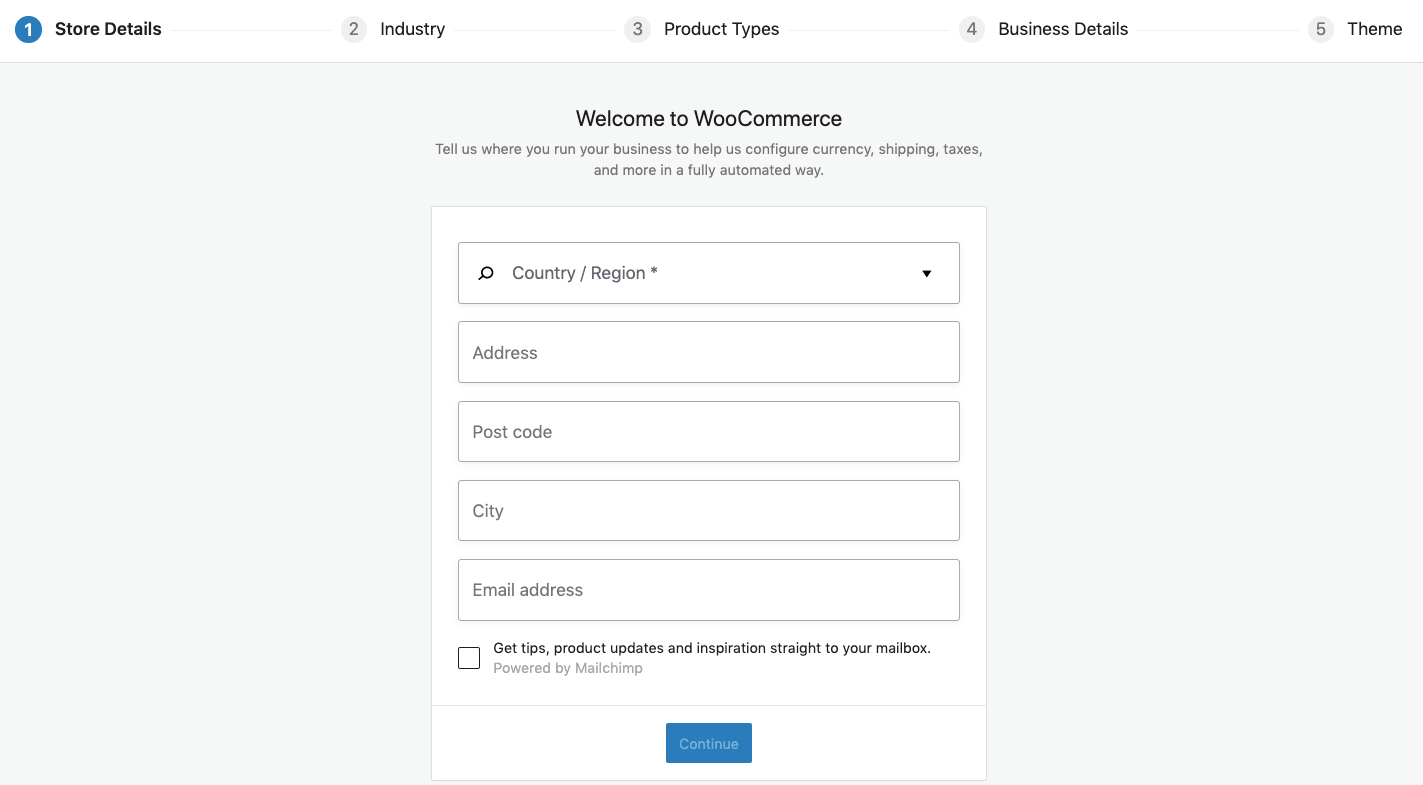 WooCommerce setup wizard