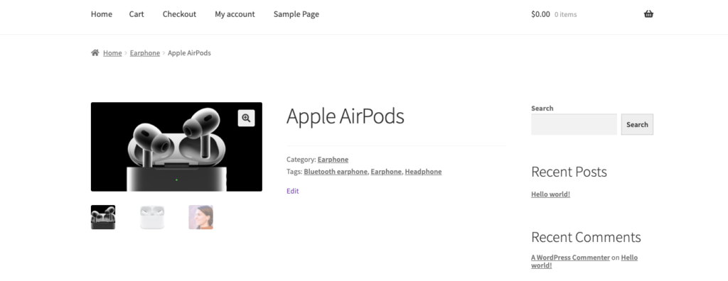 This image shows an apple airpod on a WooCommerce store.