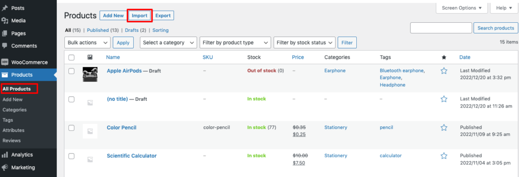 This image shows how to import product in WooCommerce 