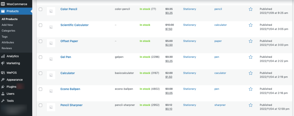 It's an image that shows the list of the uploaded products in WooCommerce.