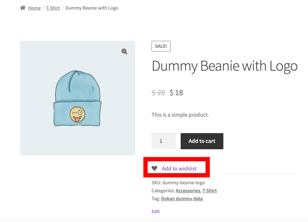 A screenshot of Product Page wishlist