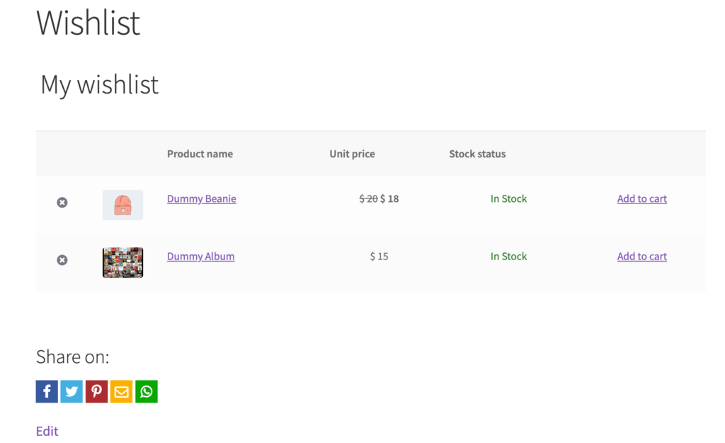 A screenshot of the Wishlist on a product page