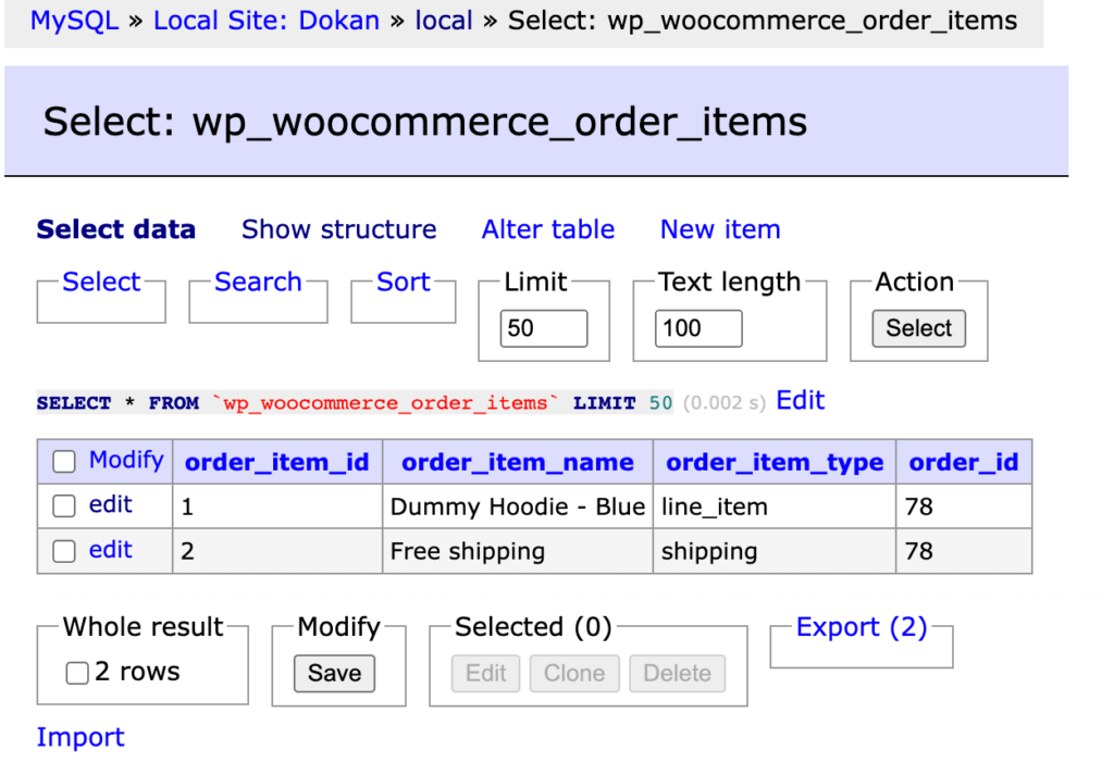 A screenshot of WooCommerce order Items Table