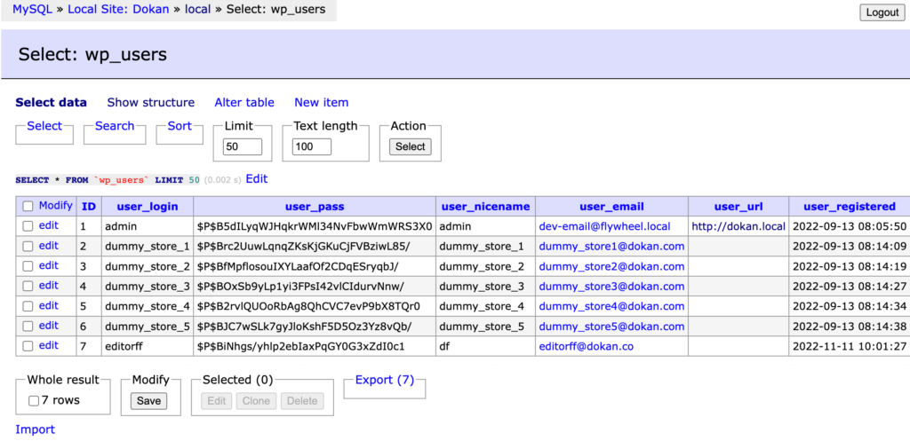 A screenshot of customer information in the WordPress database. 