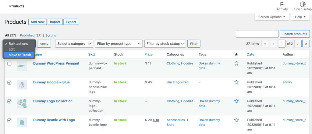 A screenshot of Move to trash option in WooCommerce 