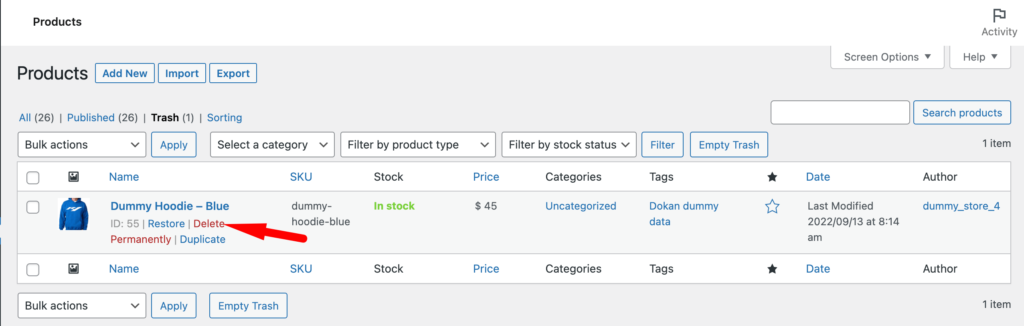 A screenshot of Delete permanently option in WooCommerce. 