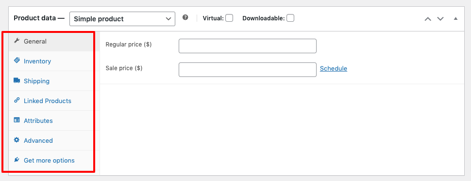 This image shows the product data in WooCommerce 