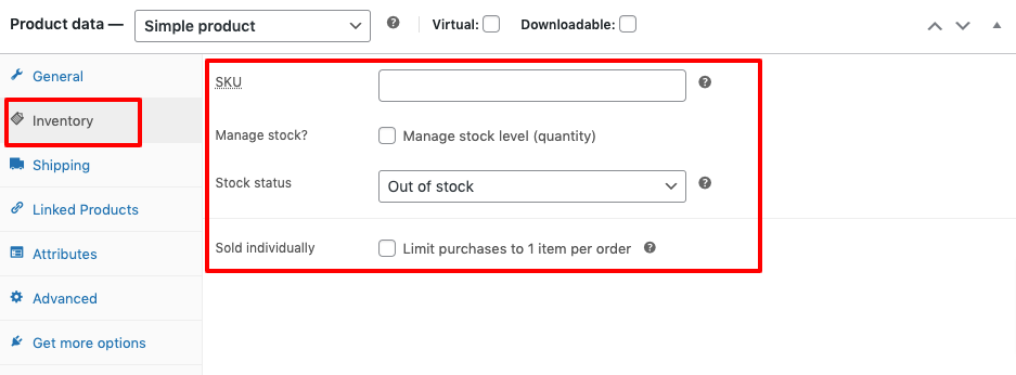 This image shows the inventory tab of WooCommerce add products settings 