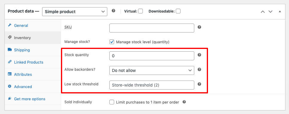 This image shows the extra functionality of inventory option