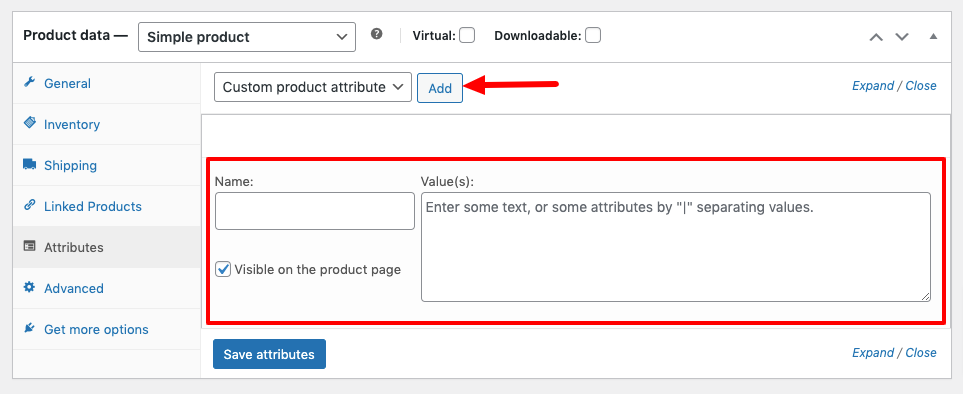 This image shows the settings for adding product attributes for a WooCommerce product. 