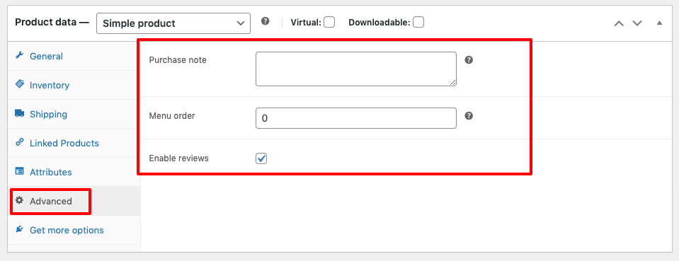 This image shows the advanced settings of adding products to a WooCommerce site. 