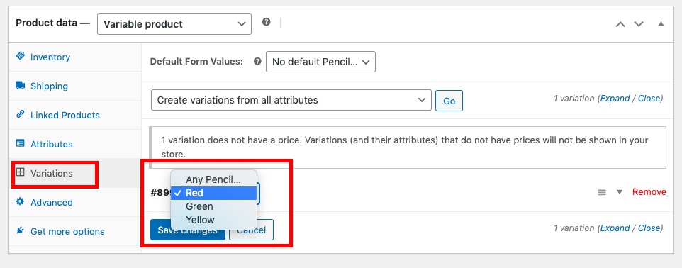 This image shows how to add variations to a variable product. 